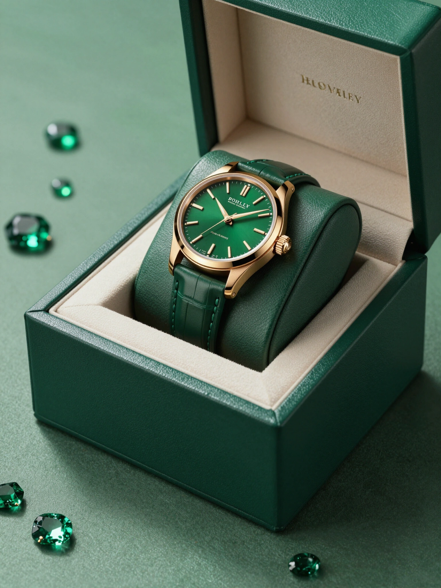 Luxury green watch with gold accents in a green leather box surrounded by emeralds