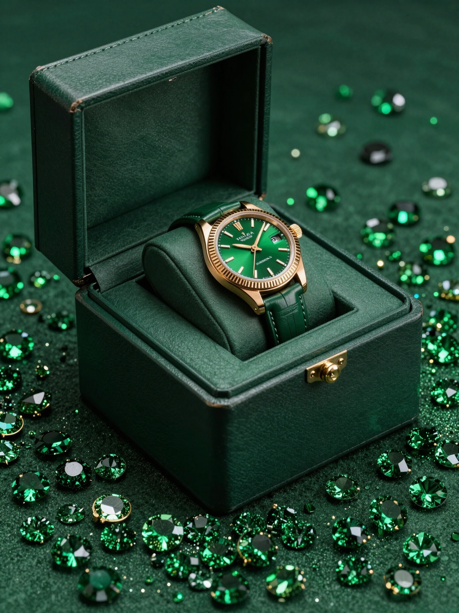 Luxury watch in green leather box surrounded by green gemstones