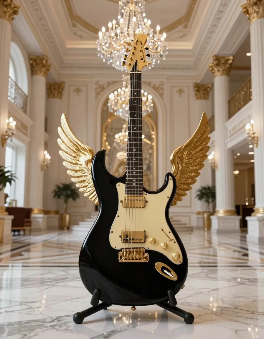 A black and gold electric guitar with wings stands in a grand hall with marble floors and crystal chandeliers.