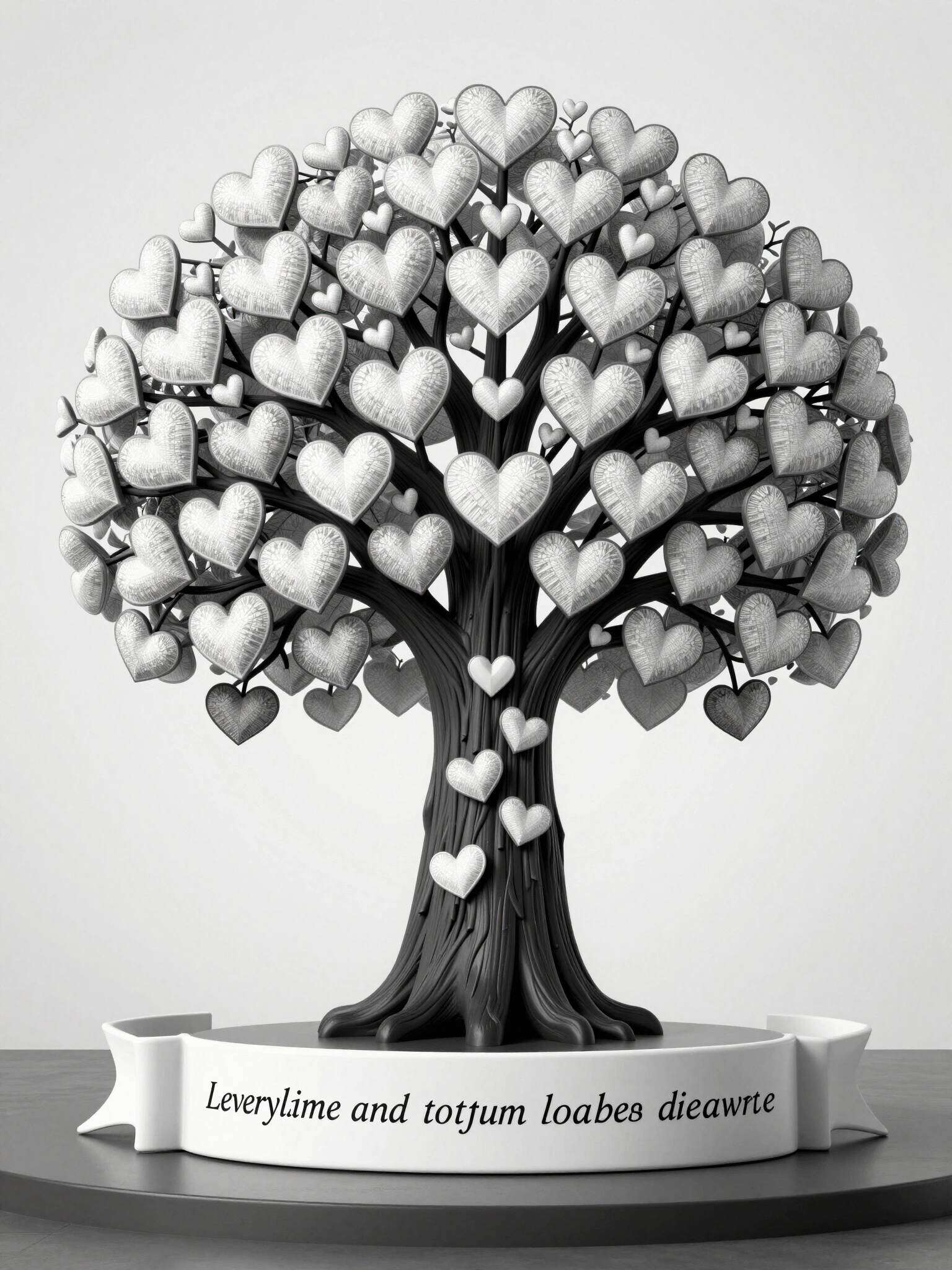 A luxurious tree design with heart-shaped leaves and a ribbon banner, symbolizing love and connection in a high-end fashion collection.