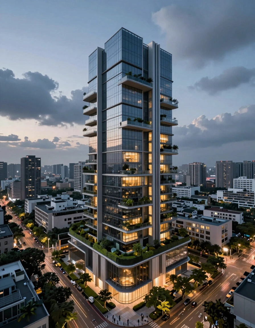 A modern, luxurious high-rise residential building at dusk, with a sleek glass and steel facade, cantilevered balconies, and a rooftop garden, set amidst a lush, tree-lined street with a cityscape in the background.
