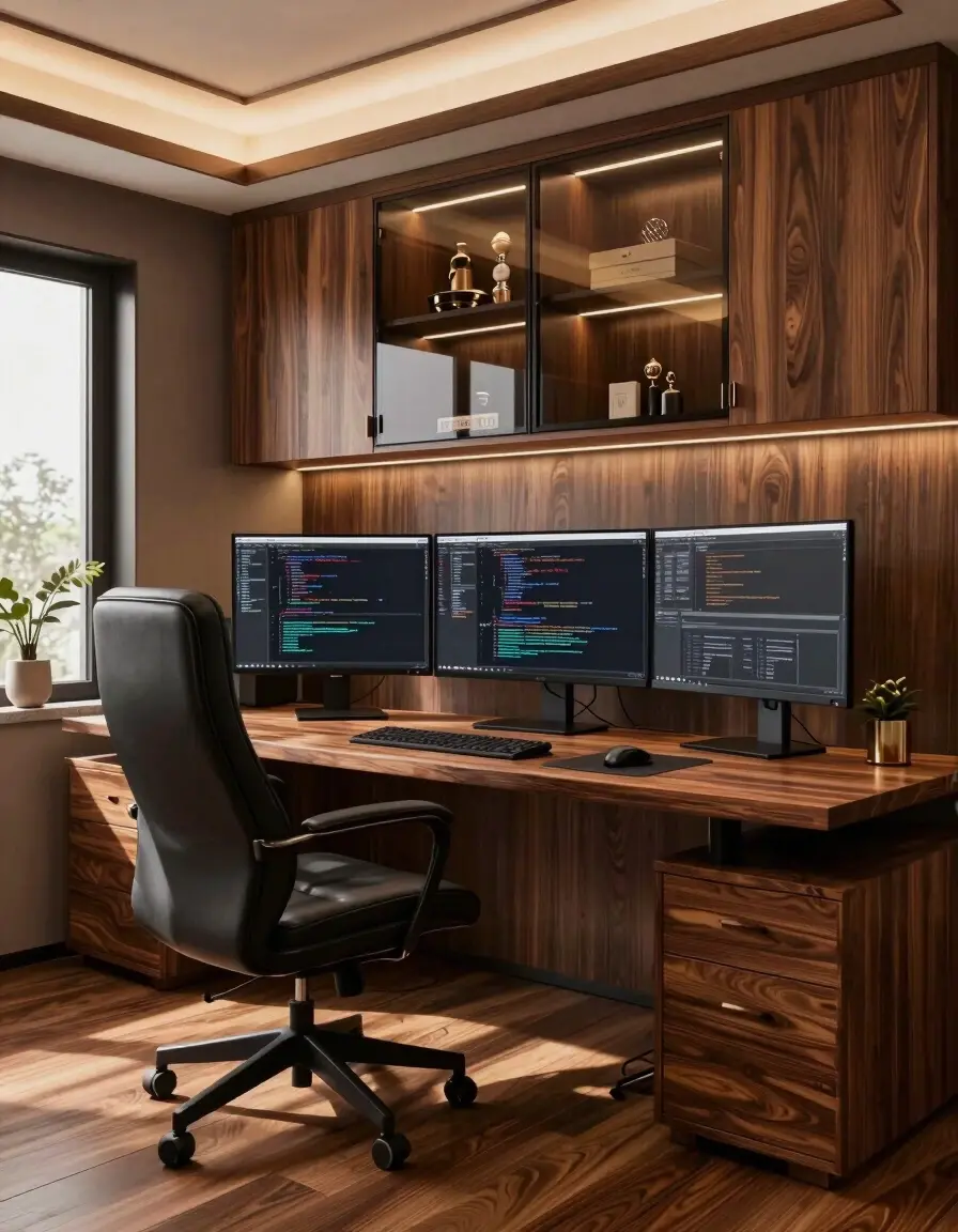 A modern home office with a wooden desk, multiple monitors, and a black leather chair.