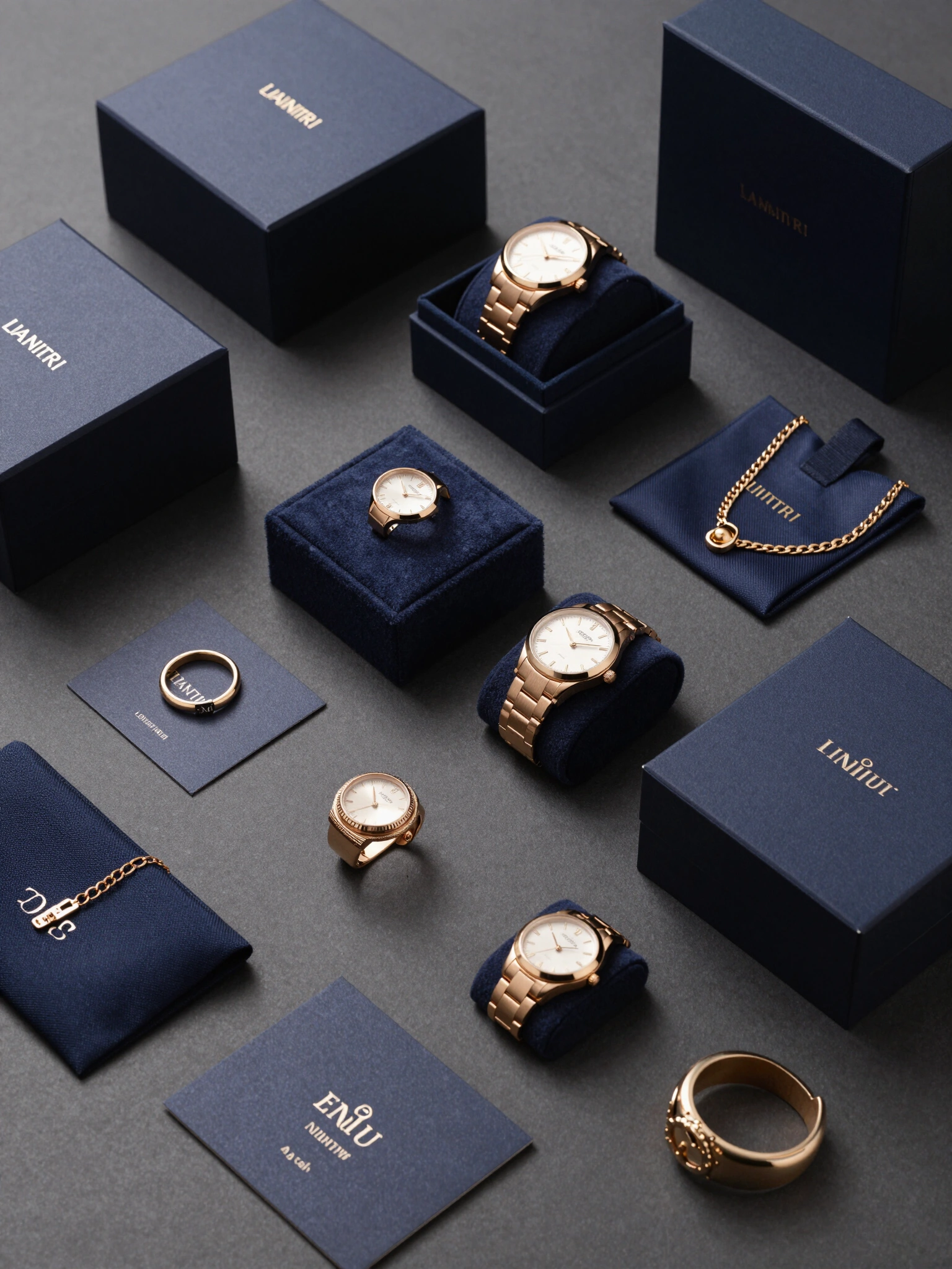 Luxury jewelry brand product mockup collection with dark blue and gold theme, featuring watches, rings, necklaces, and brooches on black boxes and cards.