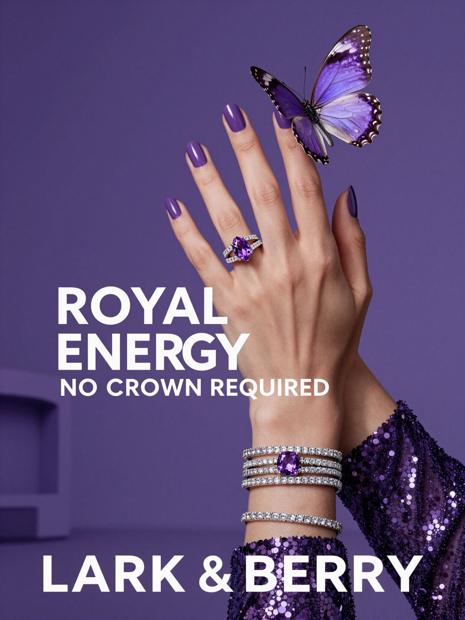 Hand with purple nails and diamond jewelry holding a purple butterfly