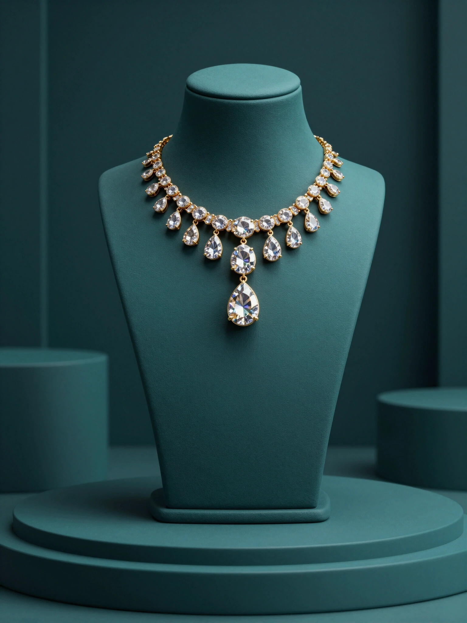Luxury gold jewelry set with green gemstones on a teal mannequin