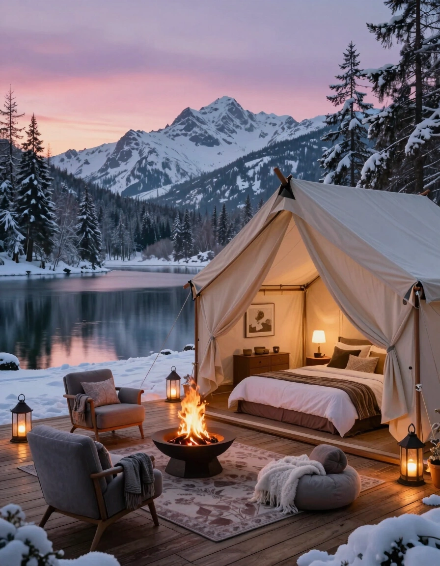 A luxurious canvas tent on a wooden deck overlooking a snowy lake at dusk, with a warm fire pit and comfortable seating area.