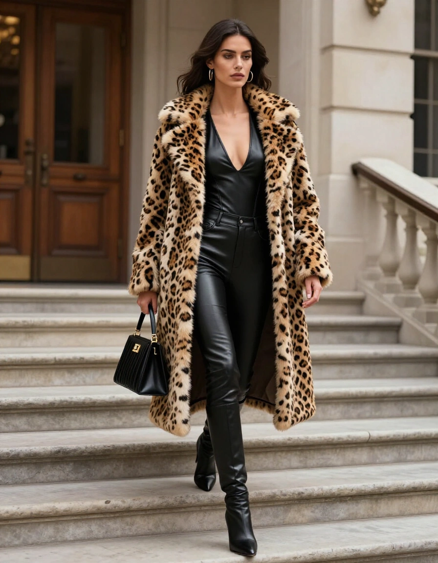 Woman wearing leopard-print fur coat and black leather outfit walking down marble stairs.