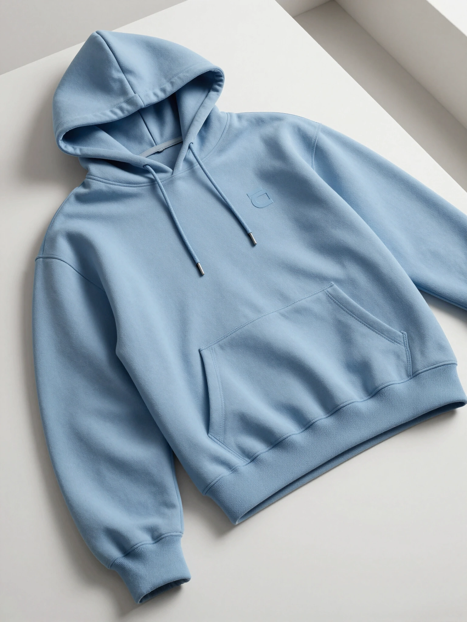 Light blue hoodie with kangaroo pocket and drawstrings, laid flat on a white surface with soft lighting and subtle shadows.