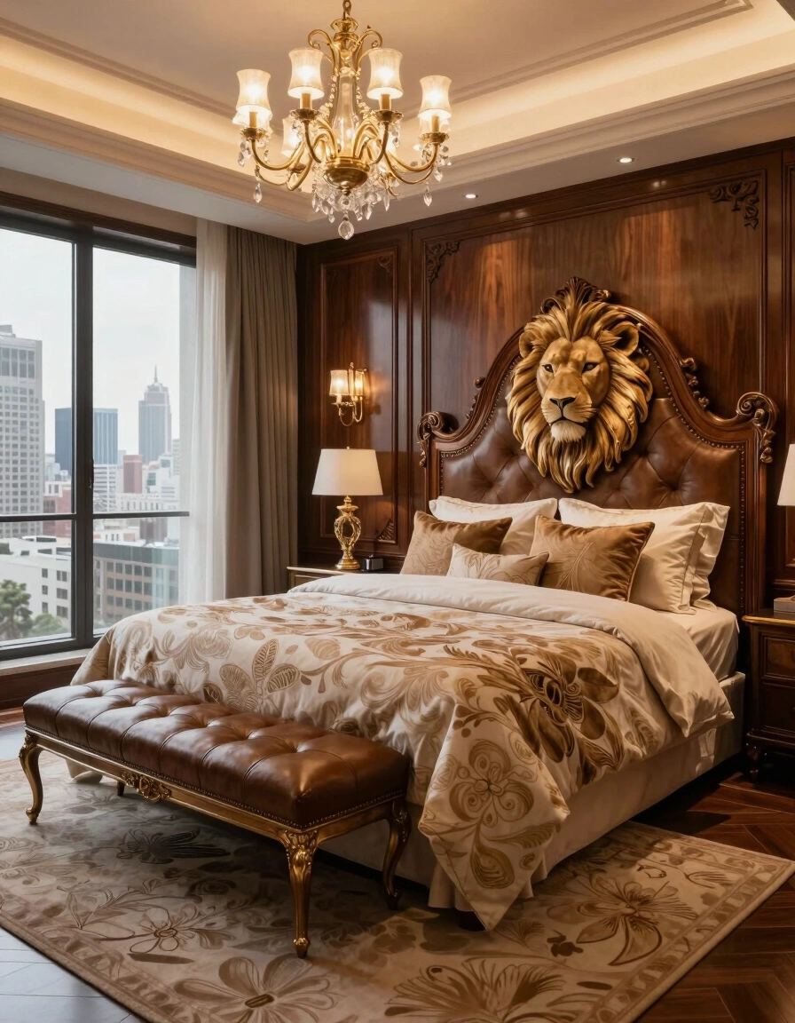 Luxurious bedroom with lion headboard, tufted bench, and chandelier.