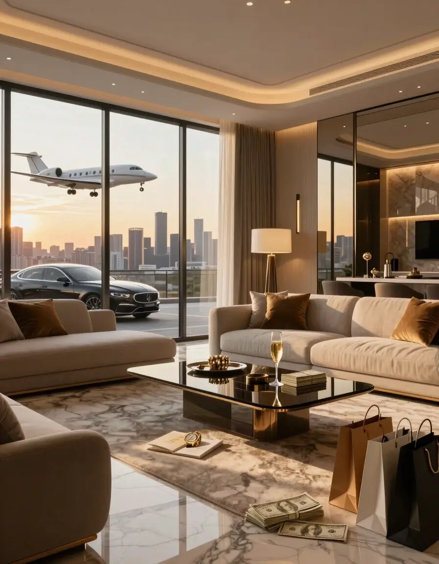 A luxurious living room with a marble floor, minimalist furniture, and a city view at sunset, surrounded by symbols of wealth and opulence.