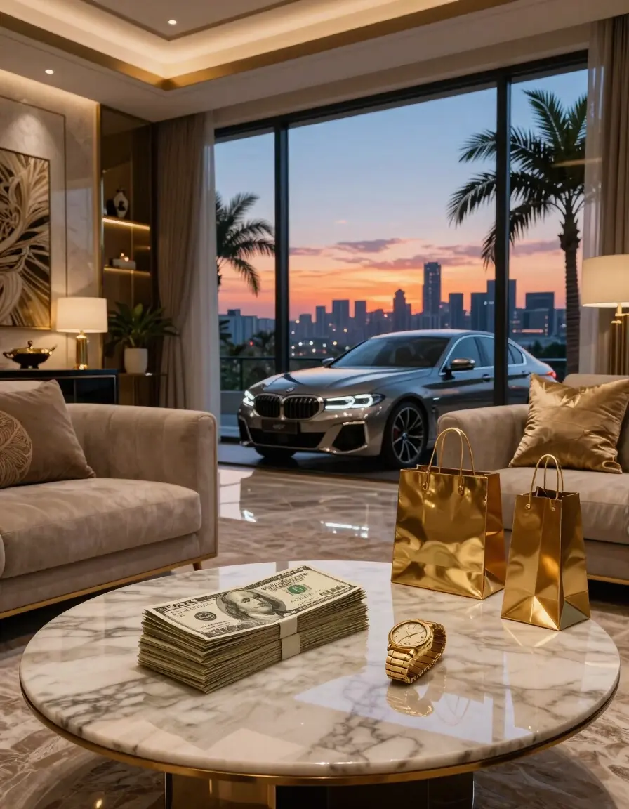 Luxurious living room with marble coffee table, gold watch, and city skyline view