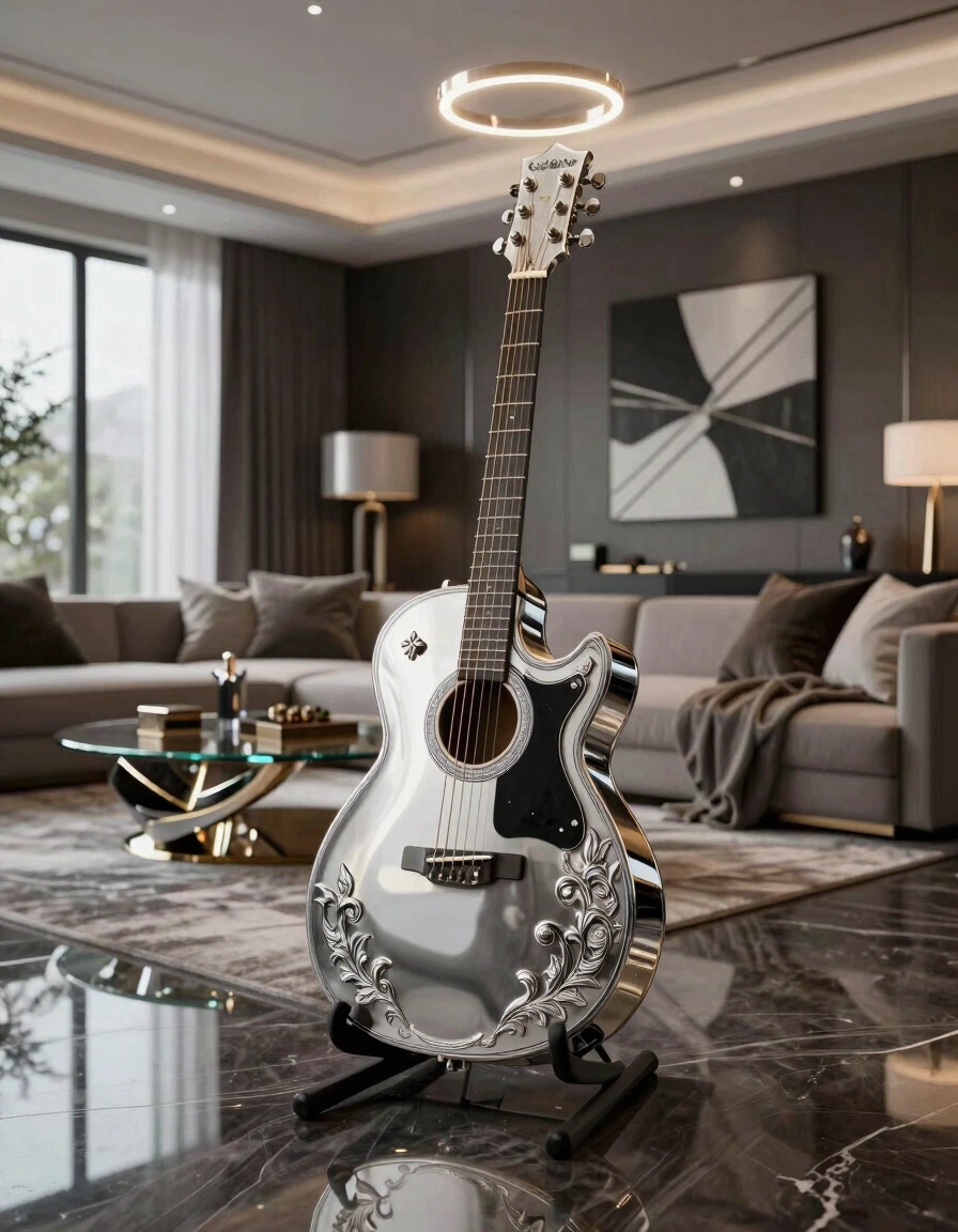 A modern living room with a large, silver guitar on a stand, surrounded by contemporary furniture and subtle lighting.