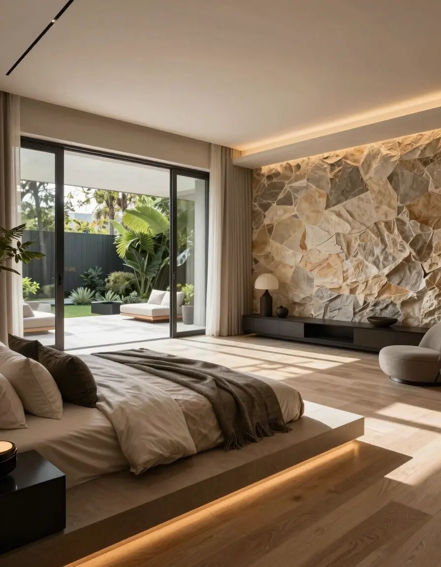 A modern, luxurious living space with a raised bed and stone accent wall, surrounded by greenery and natural light.