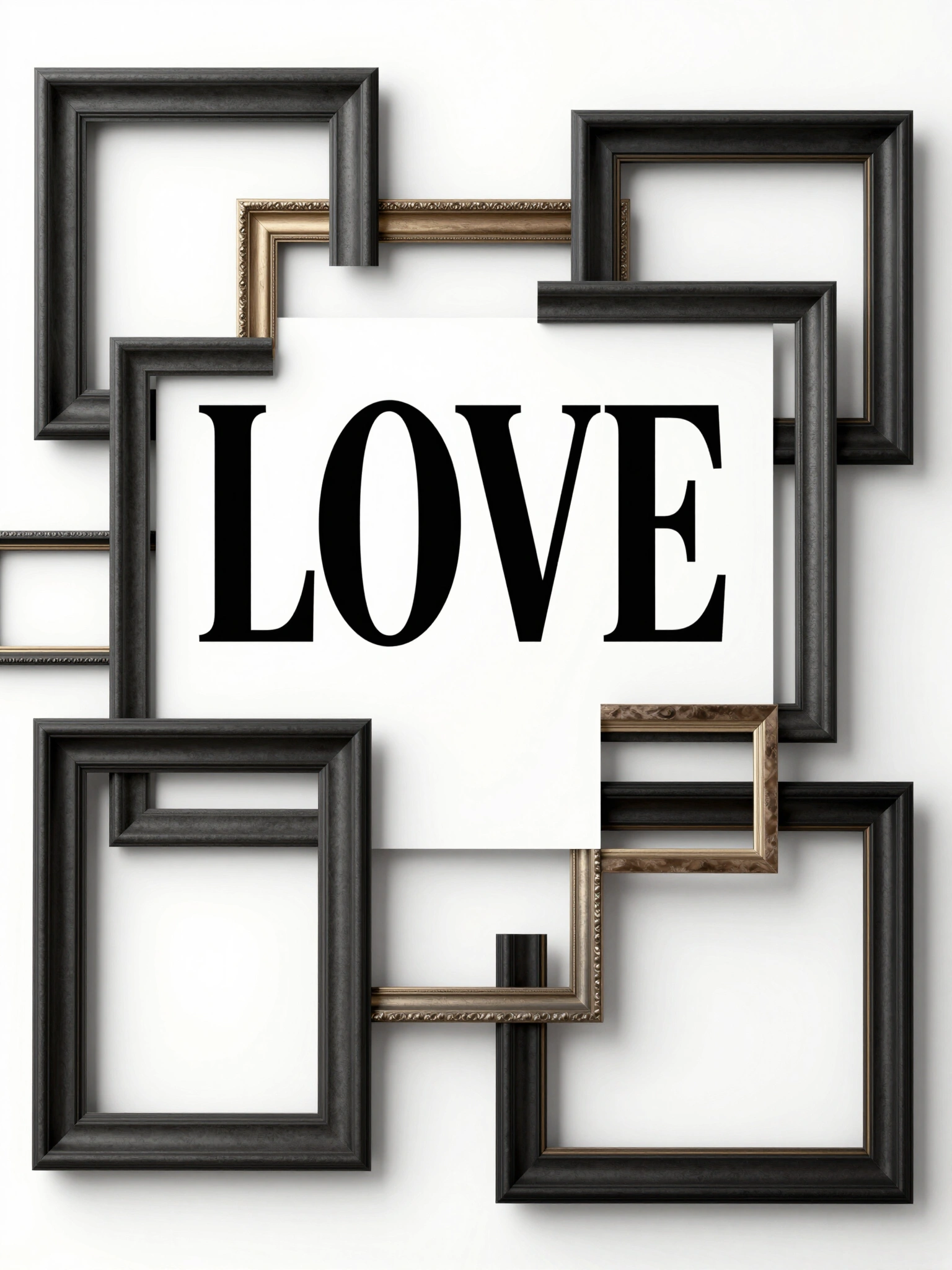Luxury fashion mockup with 'LOVE' in bold font surrounded by dark gray picture frames on a white background.