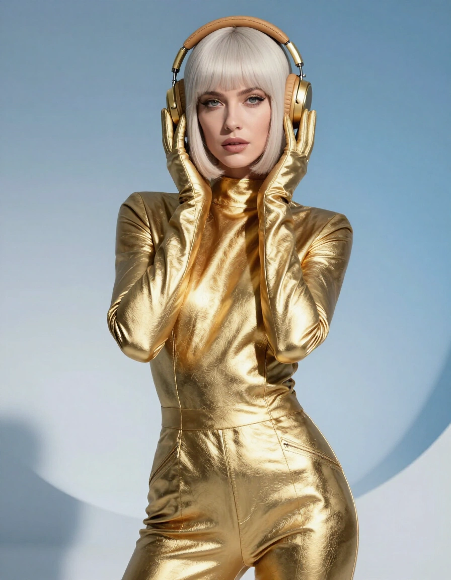 Woman with platinum-blonde hair wearing gold jumpsuit and headphones