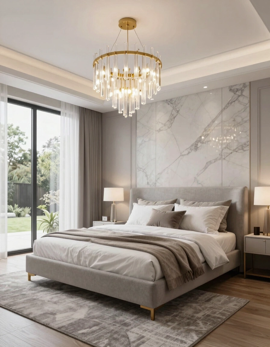 A luxurious modern bedroom with a large bed, gold chandelier, and marble accent wall, exuding calmness and sophistication.