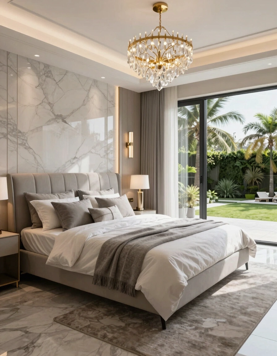 A luxurious modern bedroom with a large bed, marble walls, and a garden view.