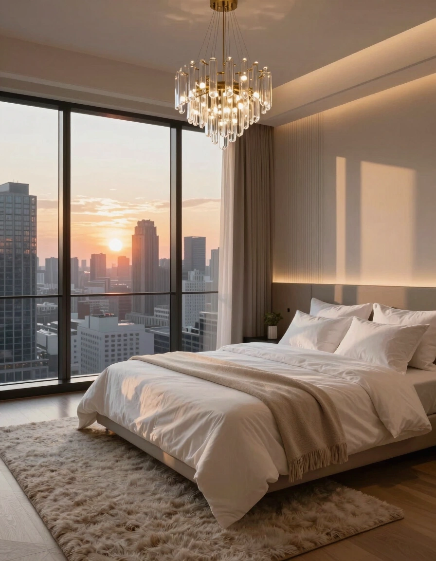 A modern bedroom with a city view at sunset, featuring a minimalist bed and a stylish chandelier.