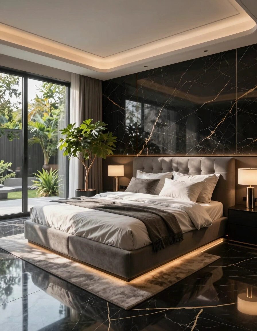 A modern bedroom with a large black bed and gold accents, set against black marble walls and floor, with a large window and a potted tree.