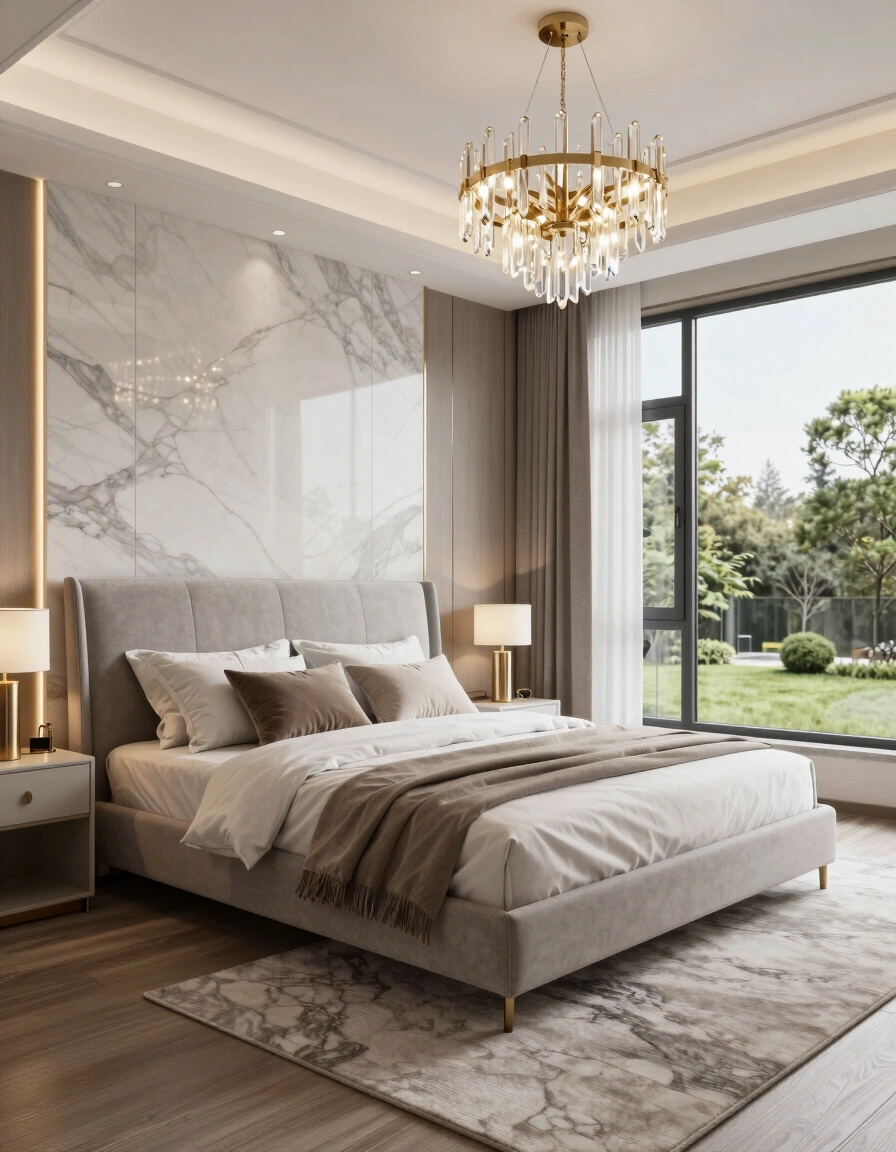 A luxurious modern bedroom with a marble accent wall, light gray bed, and gold chandelier, exuding calmness and sophistication.
