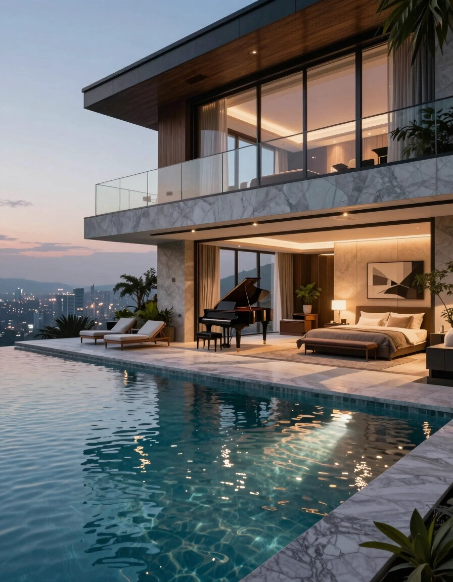A luxurious modern home with an infinity pool and city view