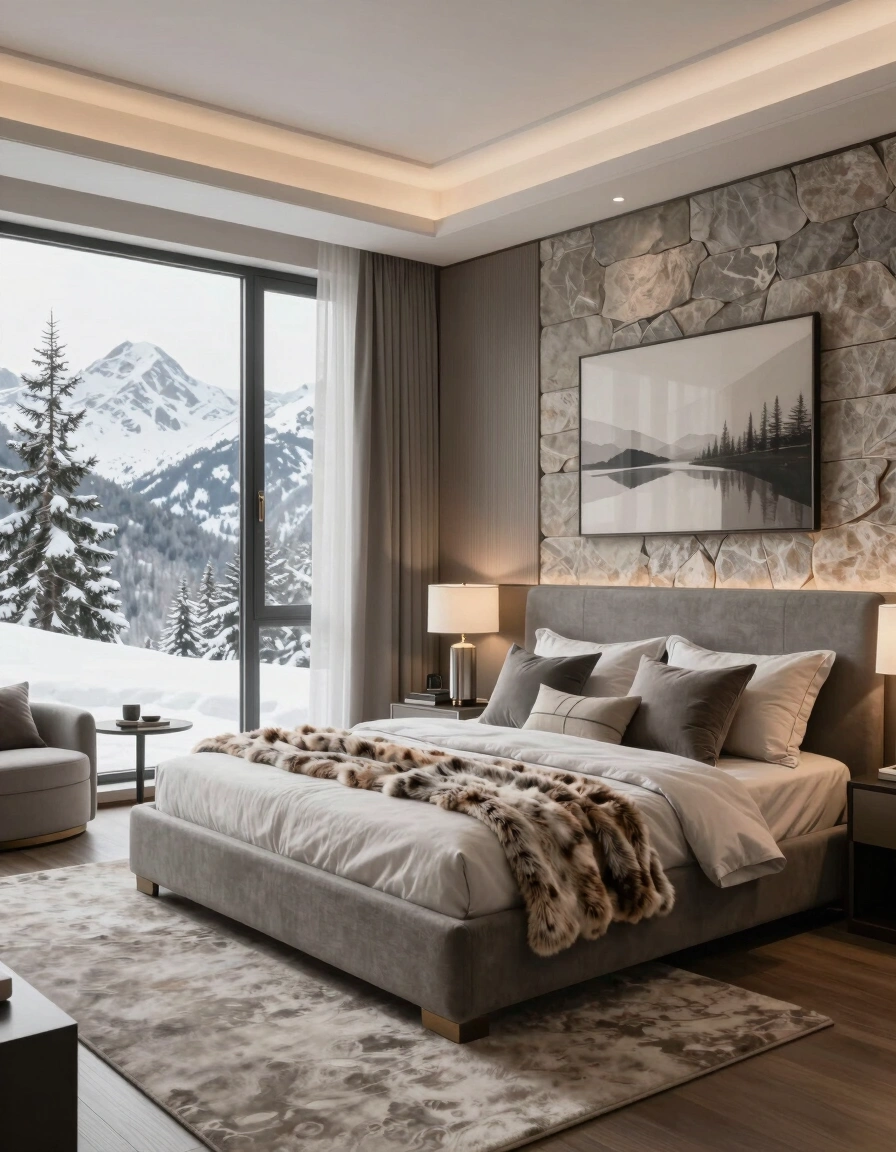 A modern bedroom with a large bed against a stone wall, soft lighting, and a view of snow-covered mountains.