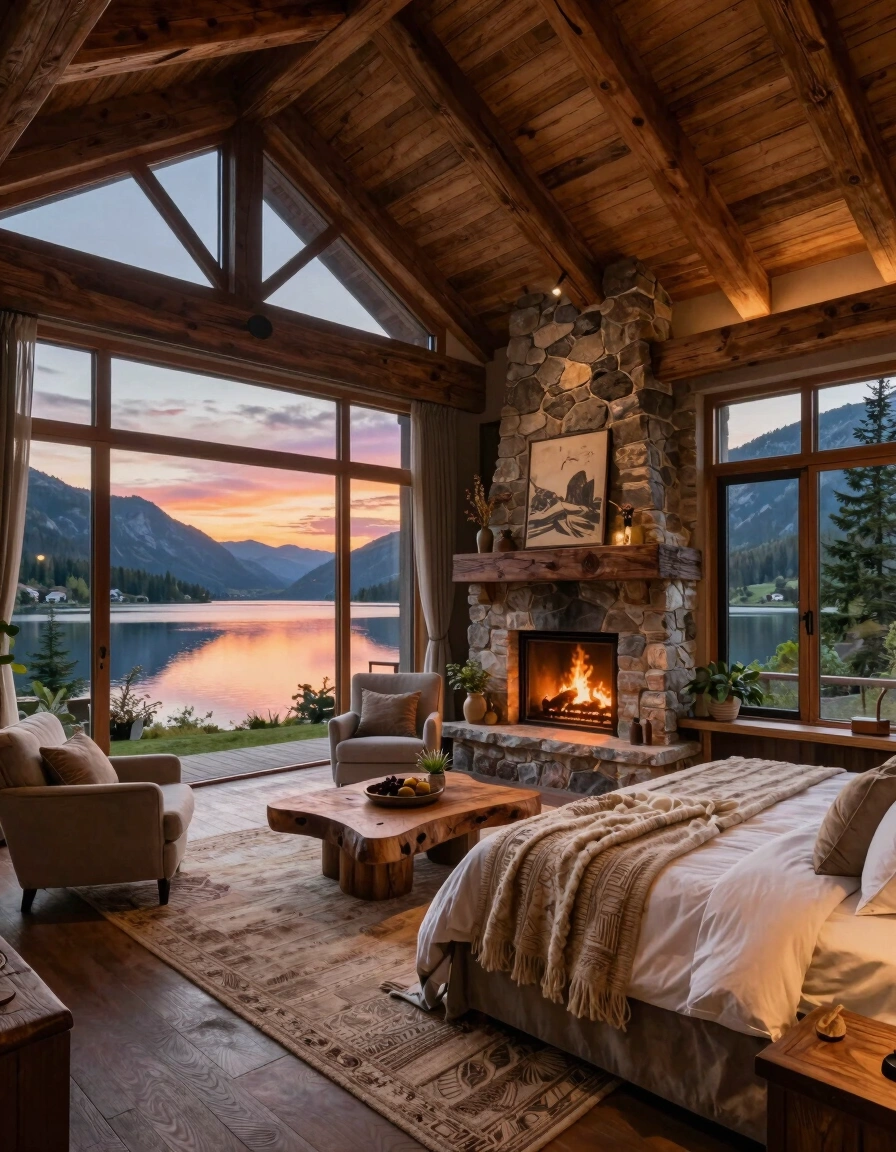 A luxurious bedroom in a mountain retreat features a stone fireplace, wooden ceiling, and large windows with a serene lake view.