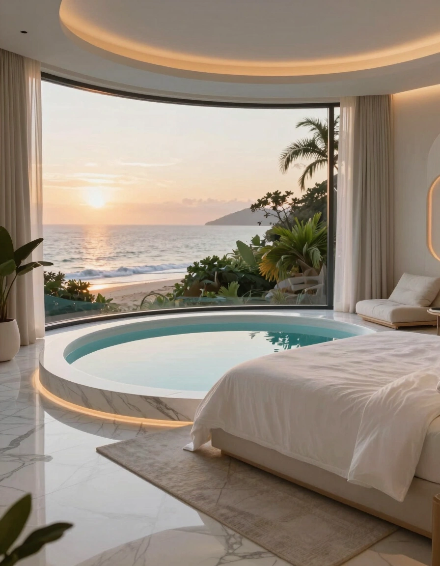 A luxurious bedroom with a circular pool, white marble floor, and a large window with an ocean view, surrounded by lush greenery and minimalist decor.