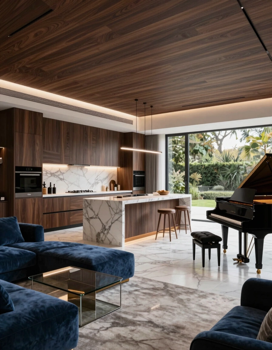 A luxurious open-plan living space featuring a modern kitchen, living area, and grand piano, with dark wood accents, white marble floors, and blue velvet sofas.