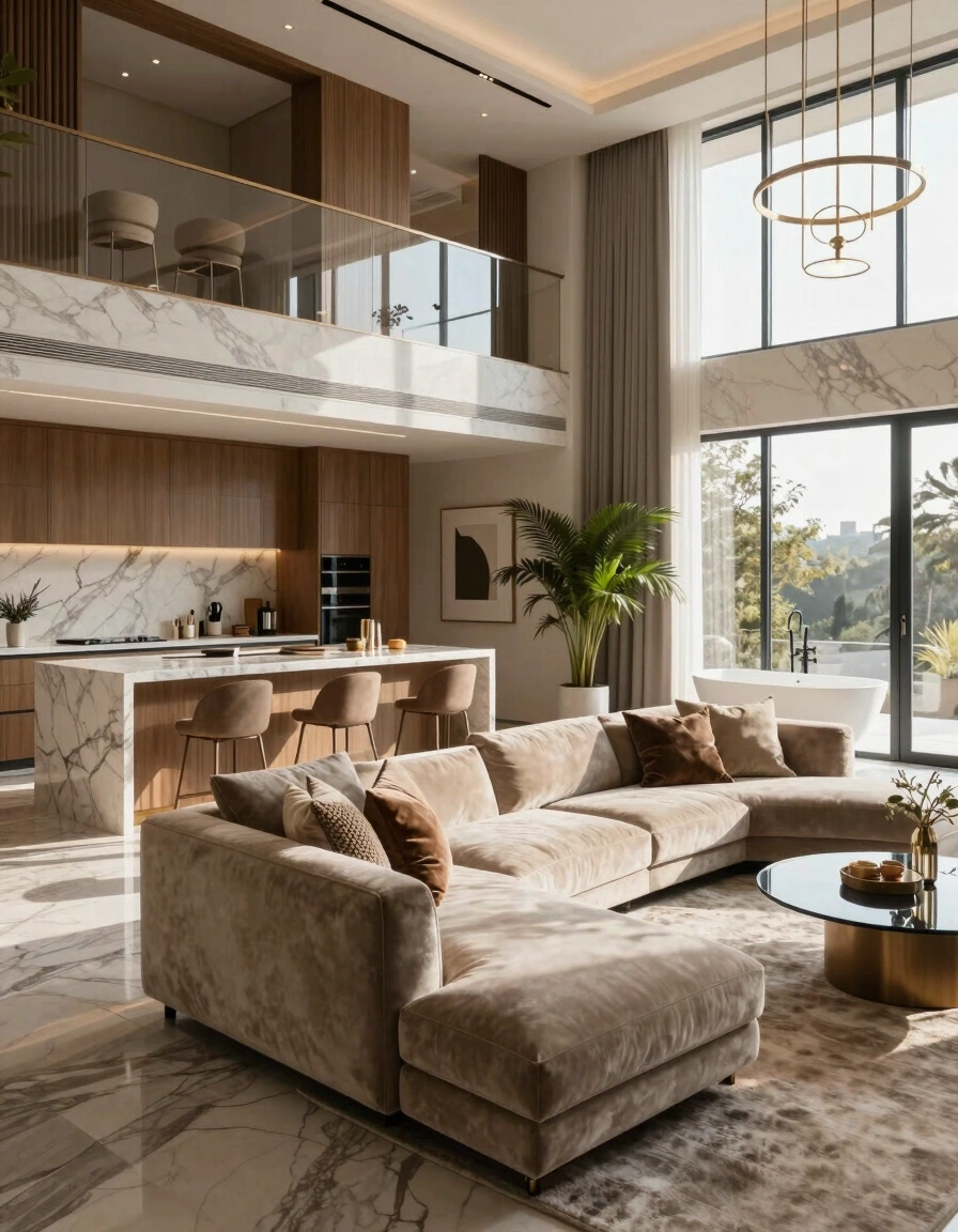 A luxurious, open-plan living space with a modern aesthetic, featuring a neutral color palette and plush furniture.
