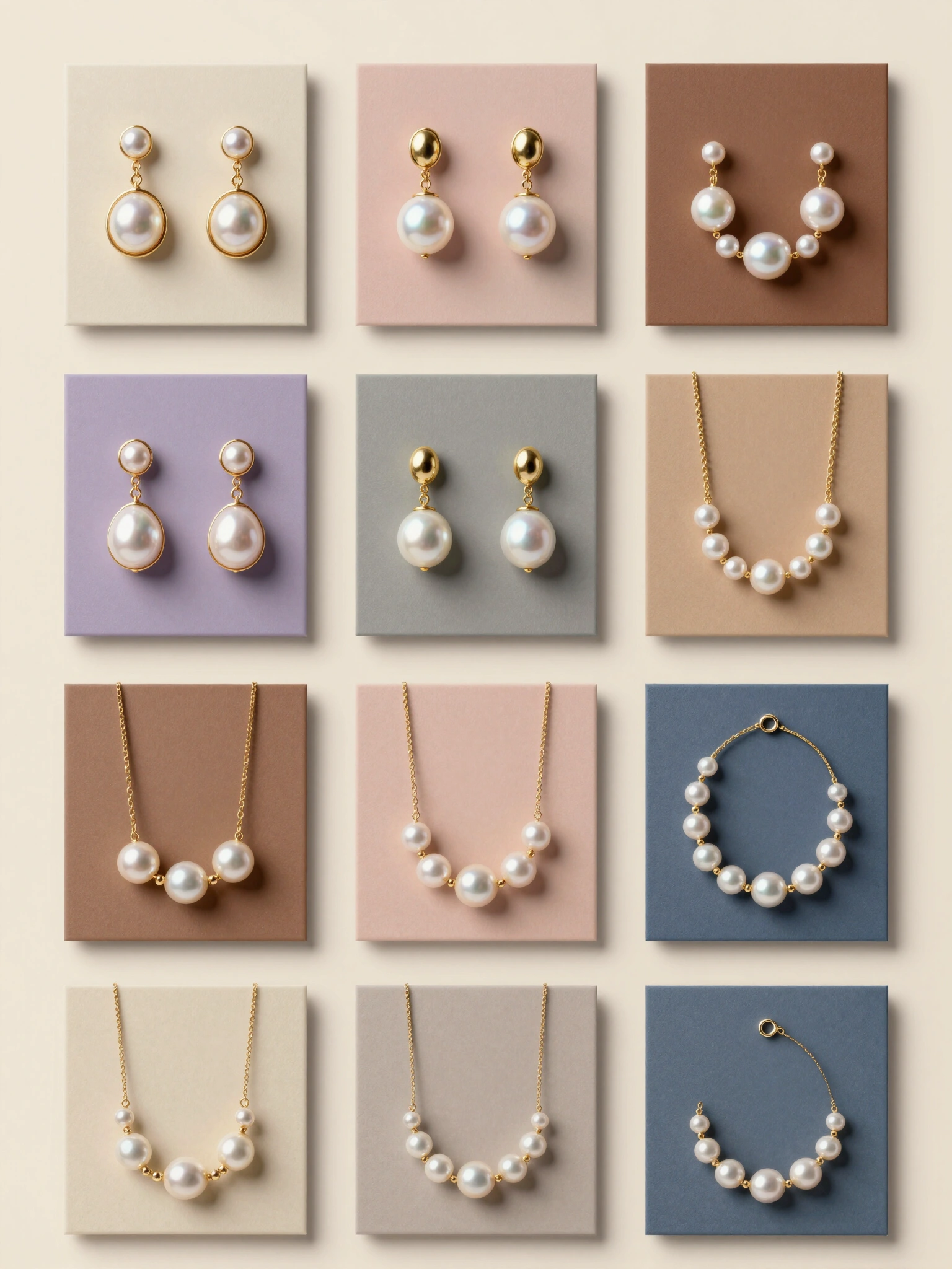 Luxury pearl jewelry collection with 16 pieces on colored cards