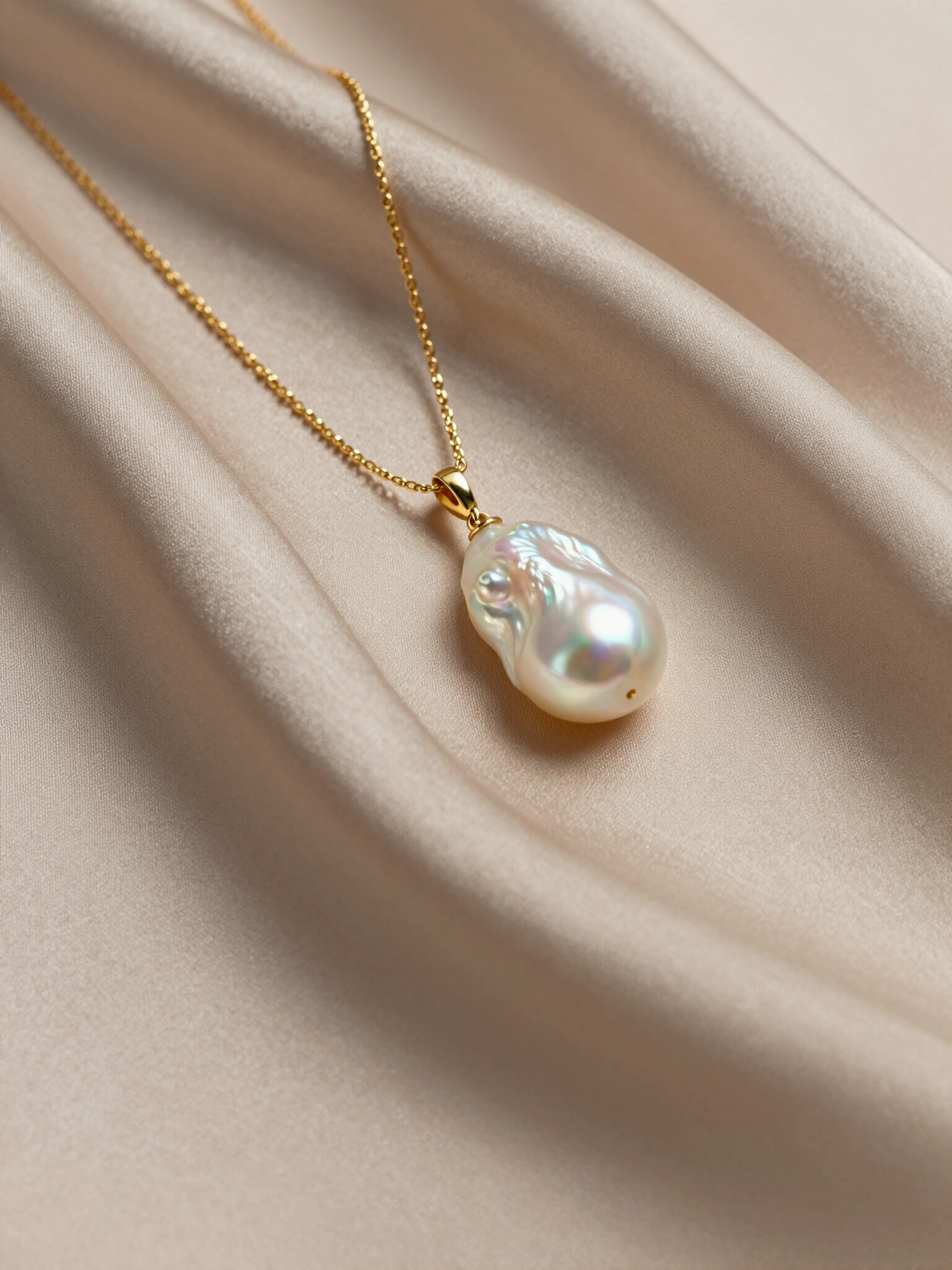 Luxurious pearl necklace with a large, white pearl pendant on a beige satin surface