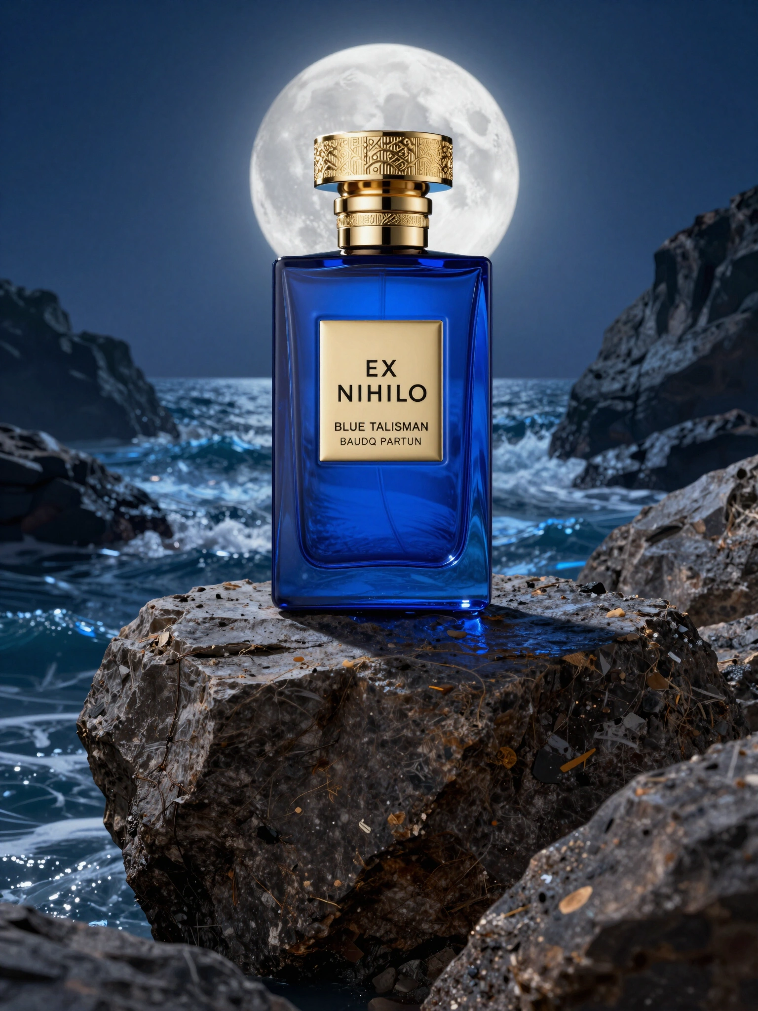 BLUE TALISMAN perfume bottle on a rock with a full moon and ocean in the background