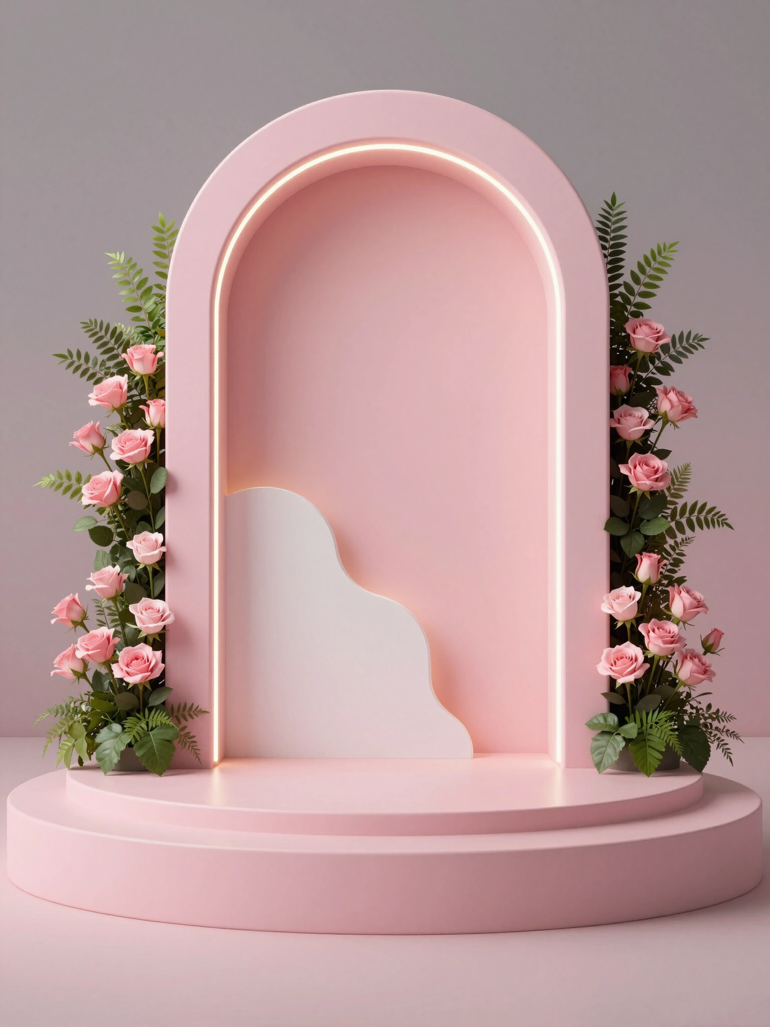 Luxury product display with pink arch, wavy design, and glowing light, surrounded by pink roses and greenery.