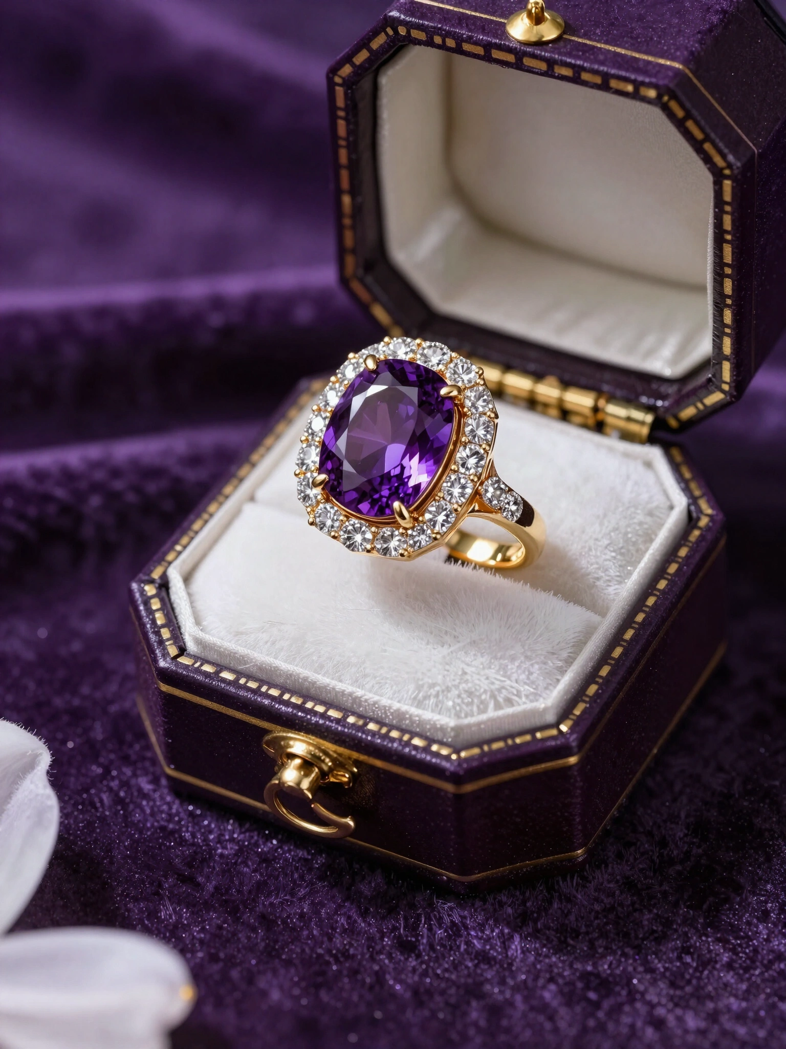 Luxurious ring with large purple gemstone and diamond halo in an ornate gold jewelry box on purple velvet