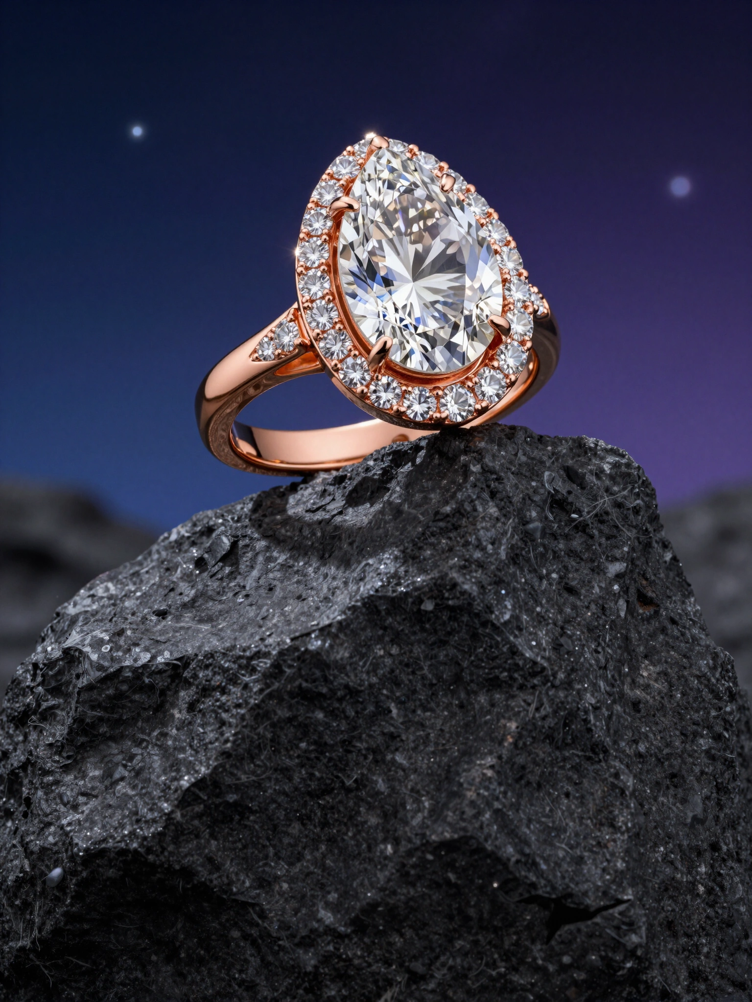 Luxurious rose gold ring with pear-shaped diamond and halo, on dark gray rock against starry night sky