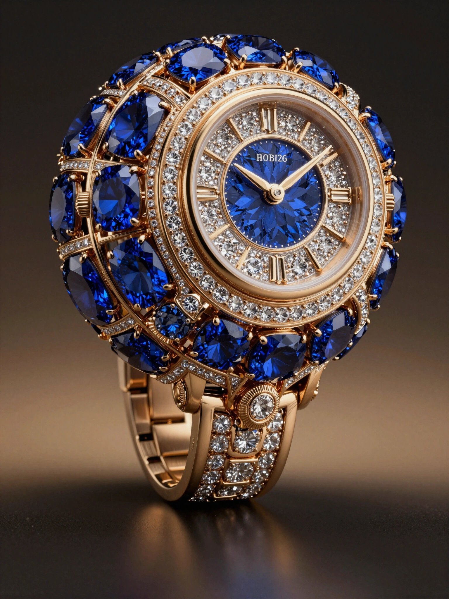 Luxurious spherical watch with blue sapphires and diamonds in gold setting