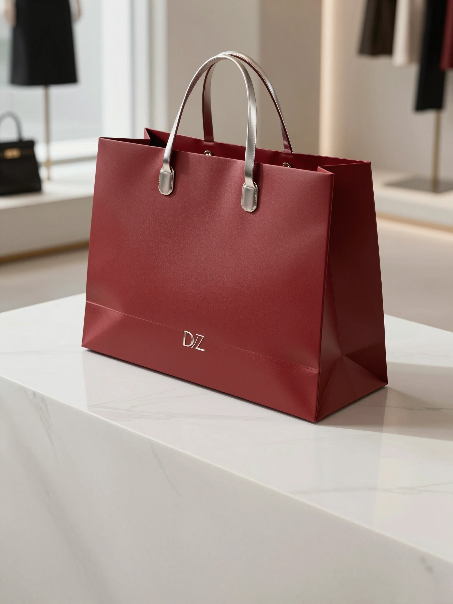 Luxury shopping bag with silver handle and logo on white marble surface