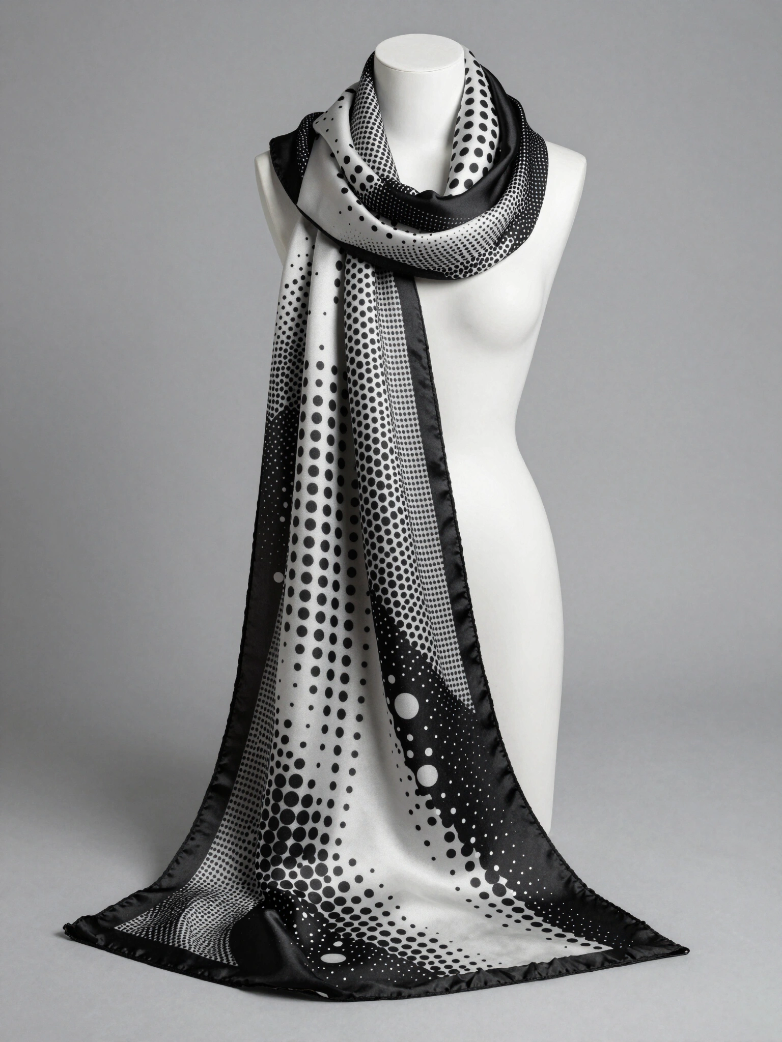 Luxurious silk scarf with modern abstract yin-yang design draped over a white mannequin against a gray background