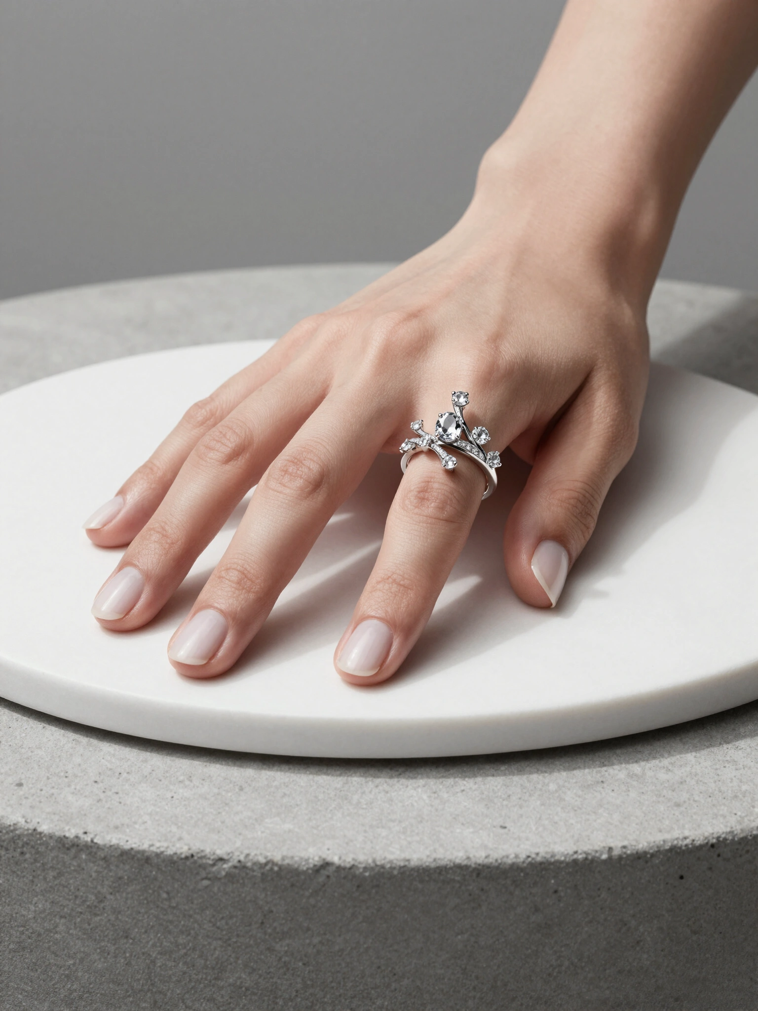 Womans hand wearing a luxurious silver ring with clear gemstones on a white stone surface