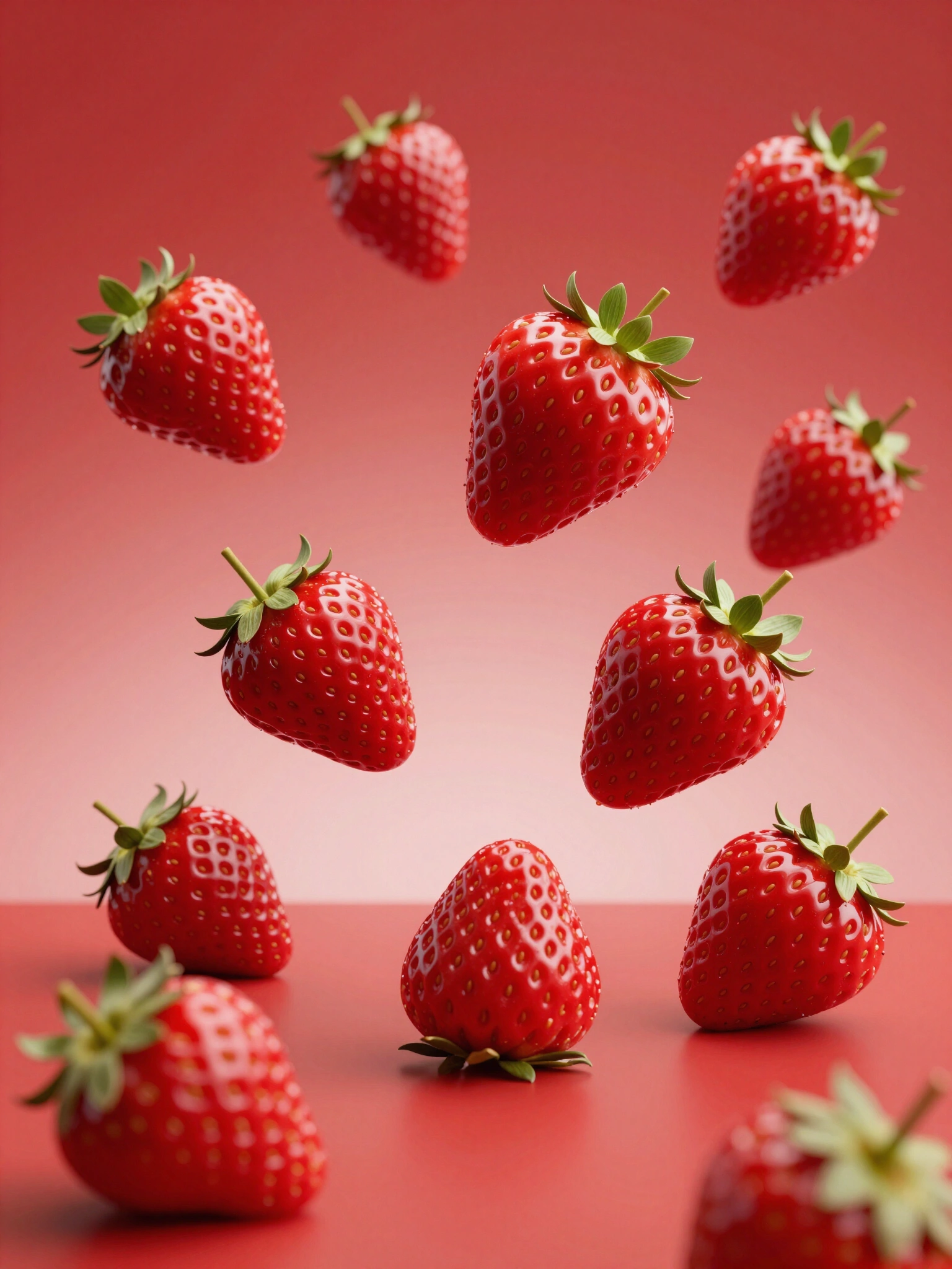 Luxury product mockup featuring strawberries suspended in mid-air against a red gradient background