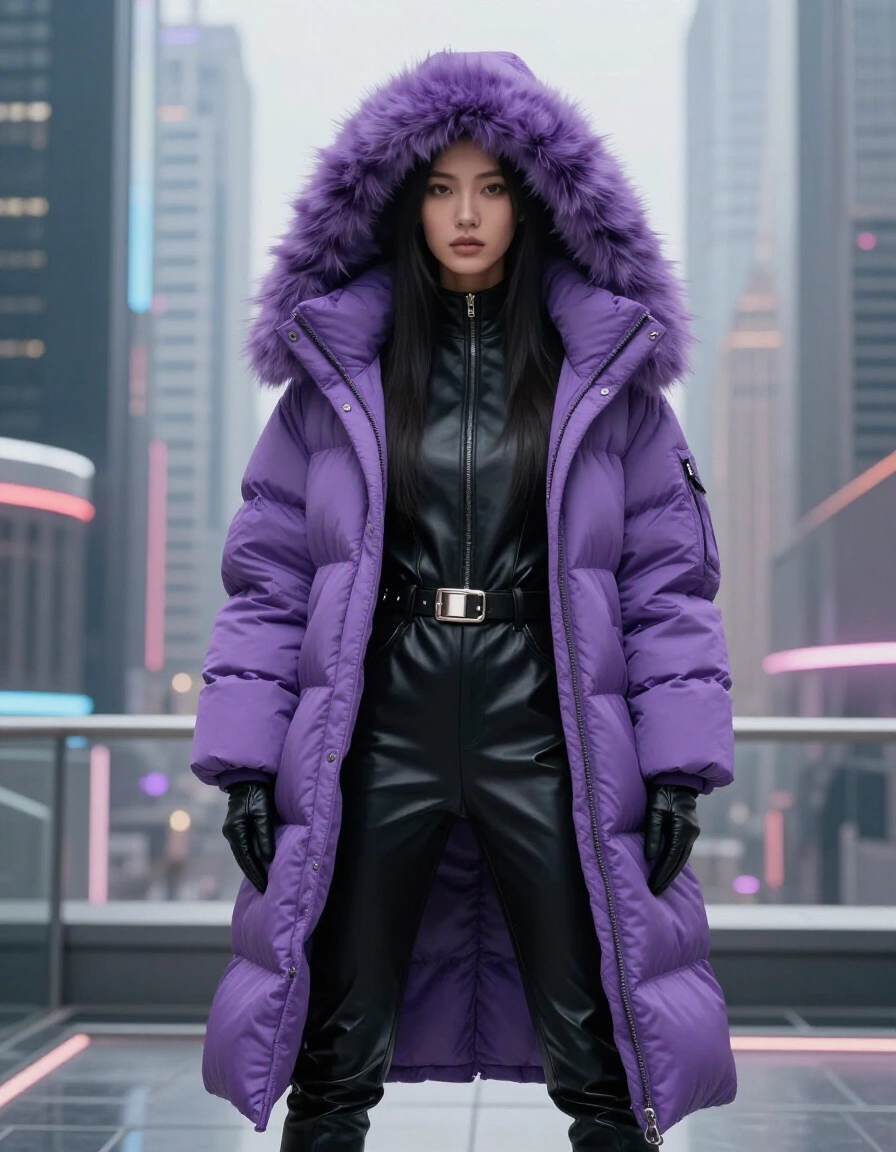 Young Asian woman wearing a lilac puffer coat with fur-trimmed hood, black leather jumpsuit, and statement accessories, standing in a futuristic cityscape.