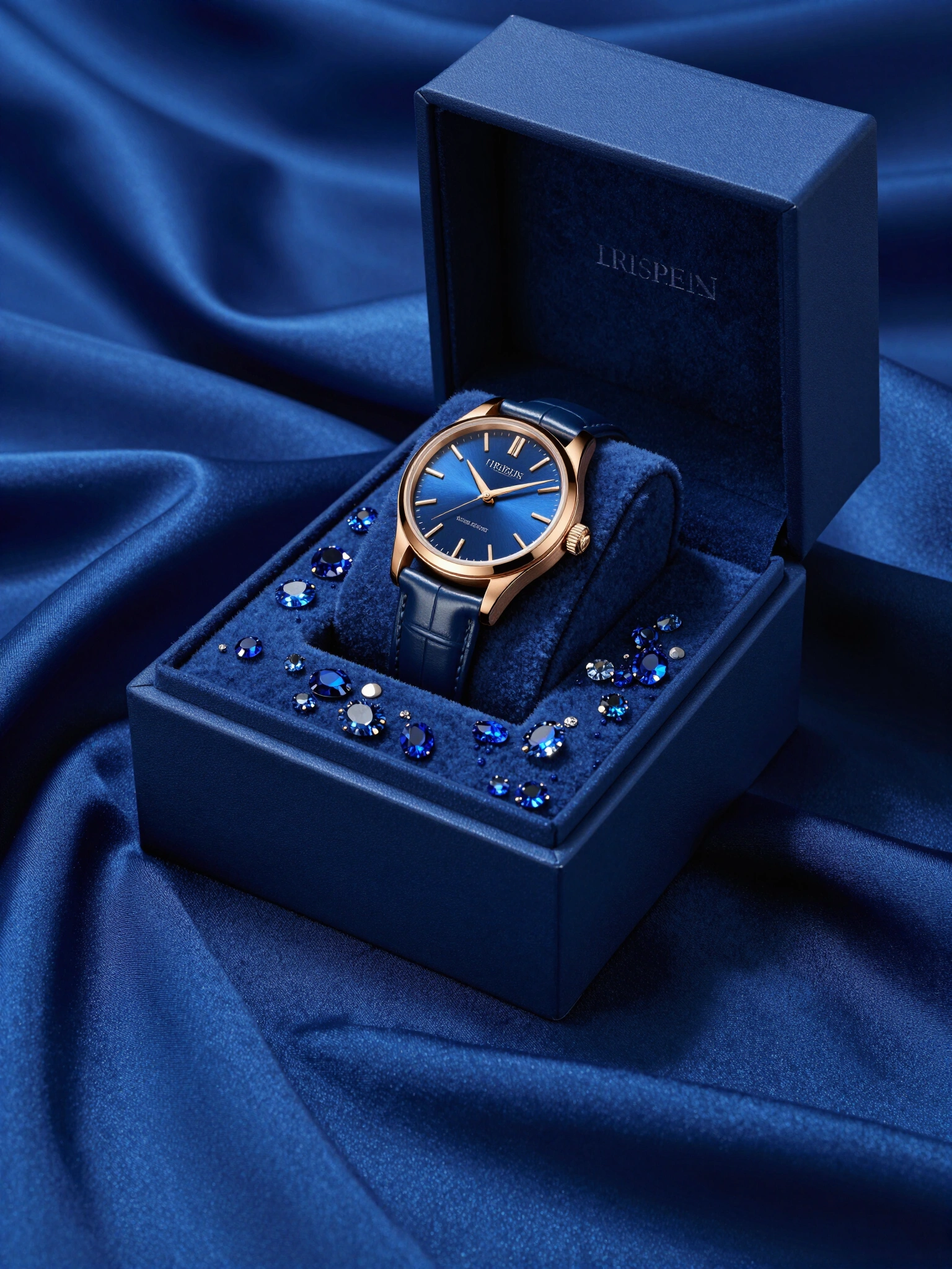 Luxury watch in a blue box with blue gemstones and silk fabric