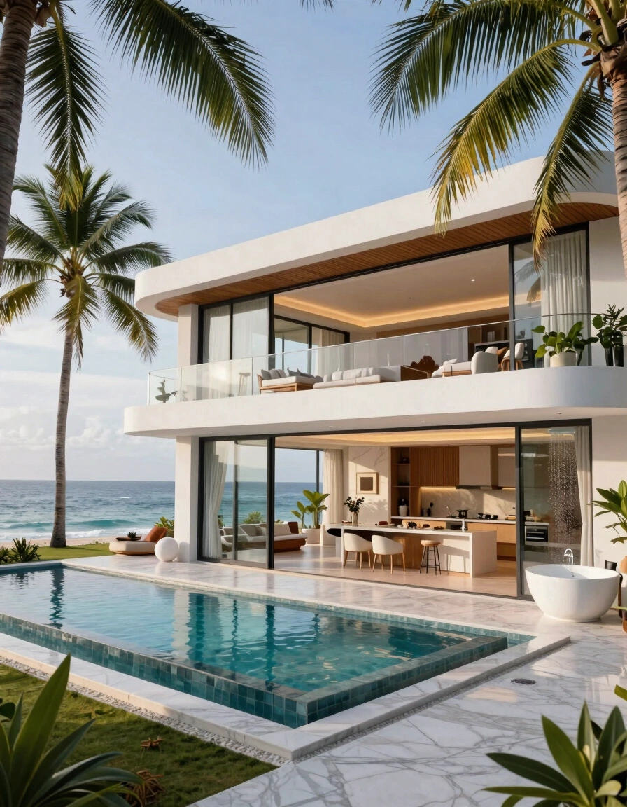 A luxurious modern villa by the water with a curved white design and large glass windows, surrounded by palm trees and a private pool.
