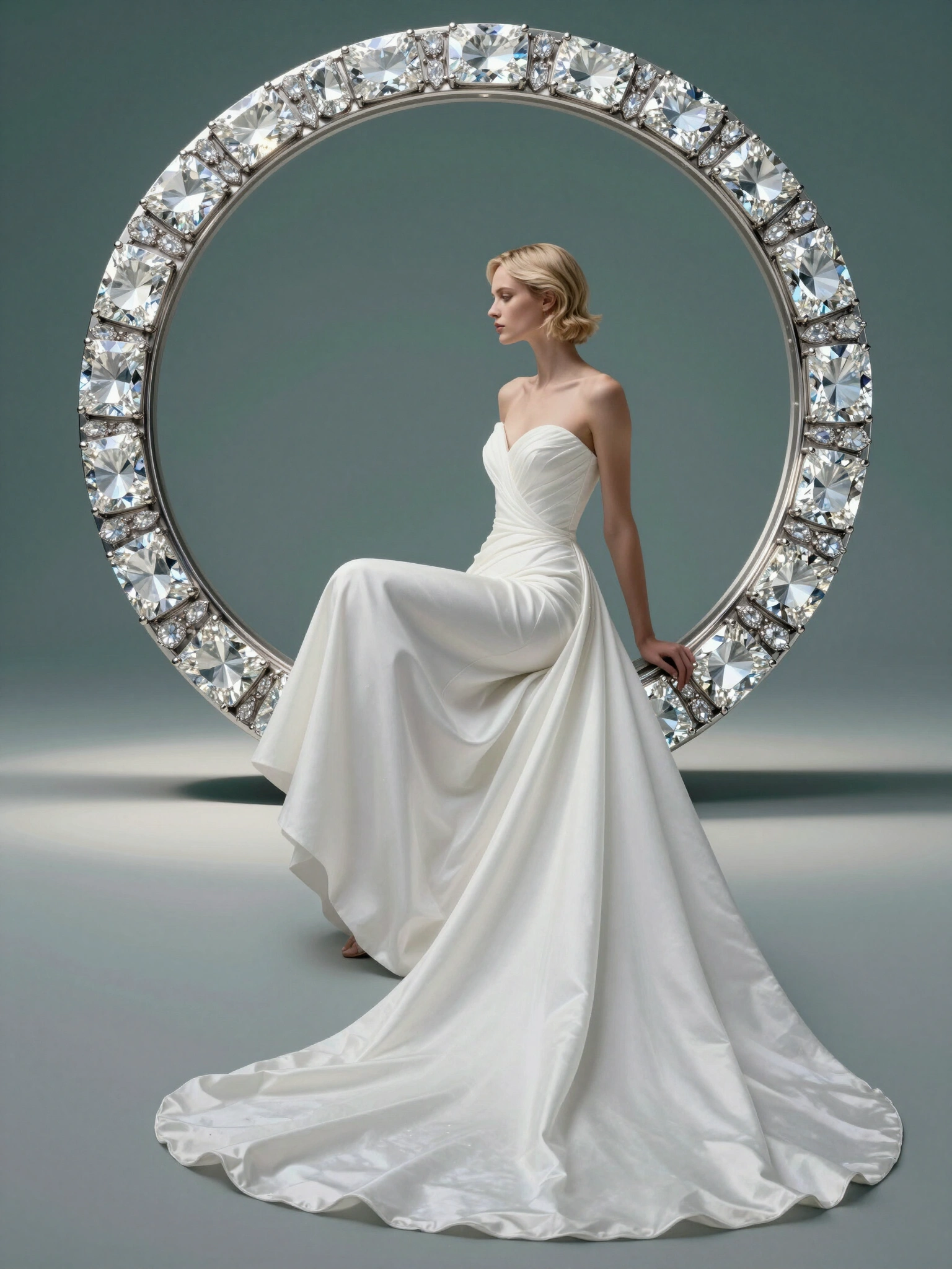 Woman in white wedding dress sitting within a gemstone-encrusted circular frame