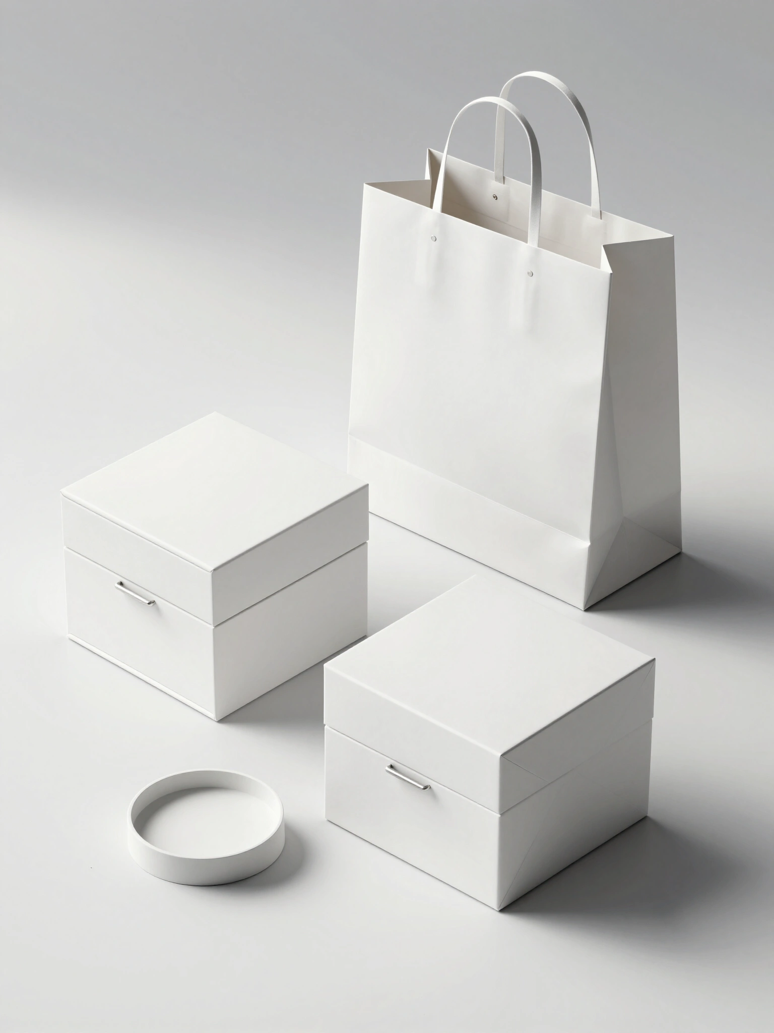 Luxurious white packaging set with gift bag, boxes, and dish on white background with soft shadows.
