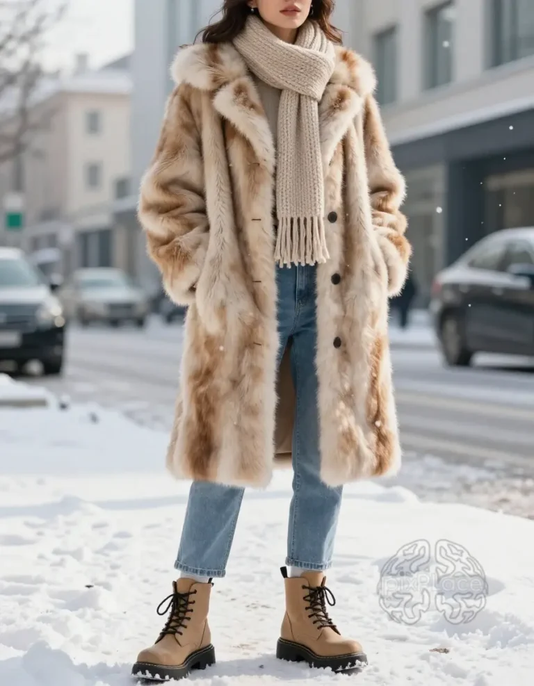Woman in luxurious fur coat and tan boots on snowy street