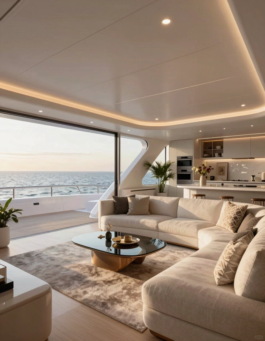 A luxurious, modern yacht interior living room with minimalist decor, large glass windows, and comfortable furniture, embodying elegance and sophistication.