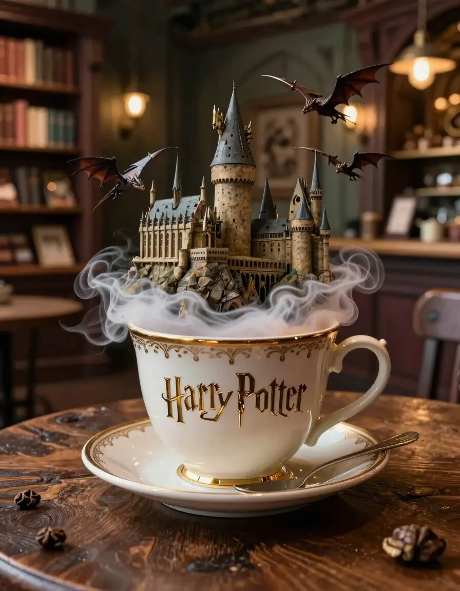 A magical coffee shop scene with a large cup on a wooden table, featuring a 3D Hogwarts castle and dragons, surrounded by soft lighting and a blurred background.