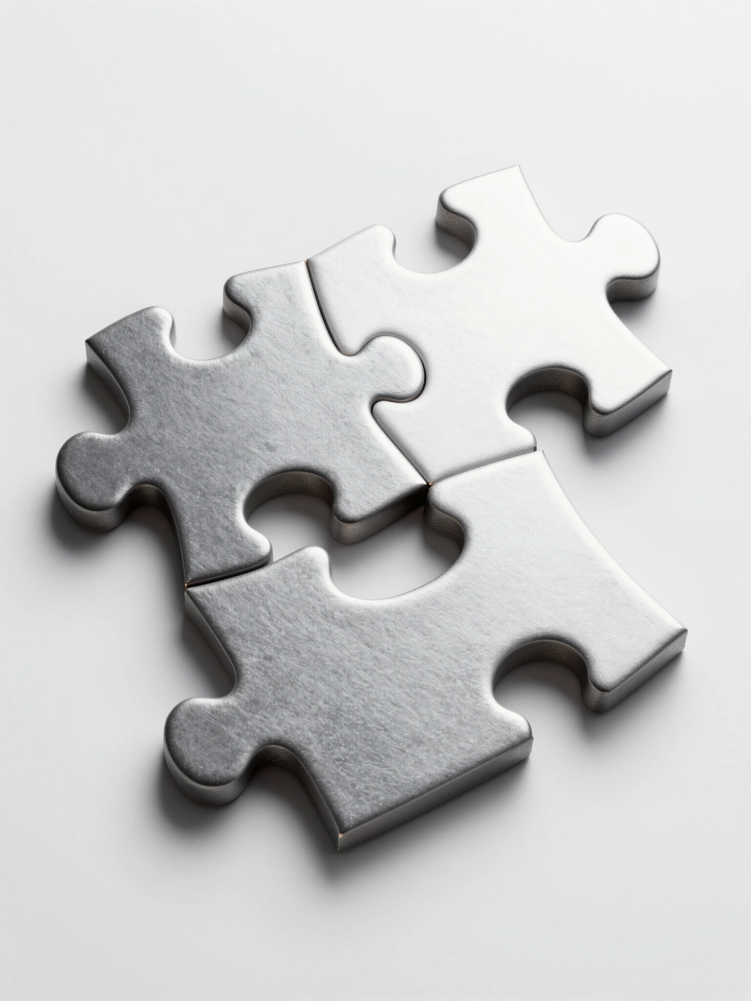 Two metallic puzzle pieces, one dark gray and one light gray, interlocking on a white background